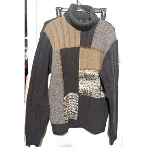 HUGO BOSS Mens Turtleneck Sweater Brown Colorblock Wool Silk ribbed cable Italy
